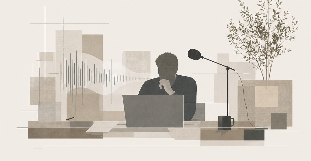 An abstract illustration of a person speaking into a microphone at a desk, with a waveform and a plant in the background.
