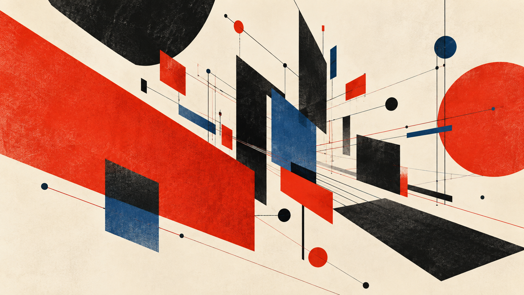 Vermilion, black, and blue geometric planes connected by fine lines on ivory paper.