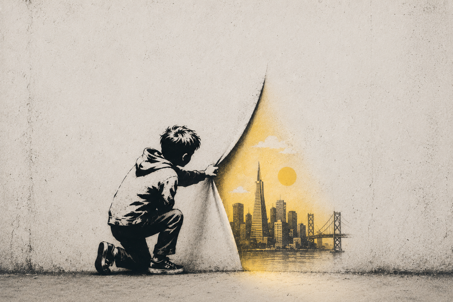 A child pulling back a wall to reveal a golden San Francisco skyline.