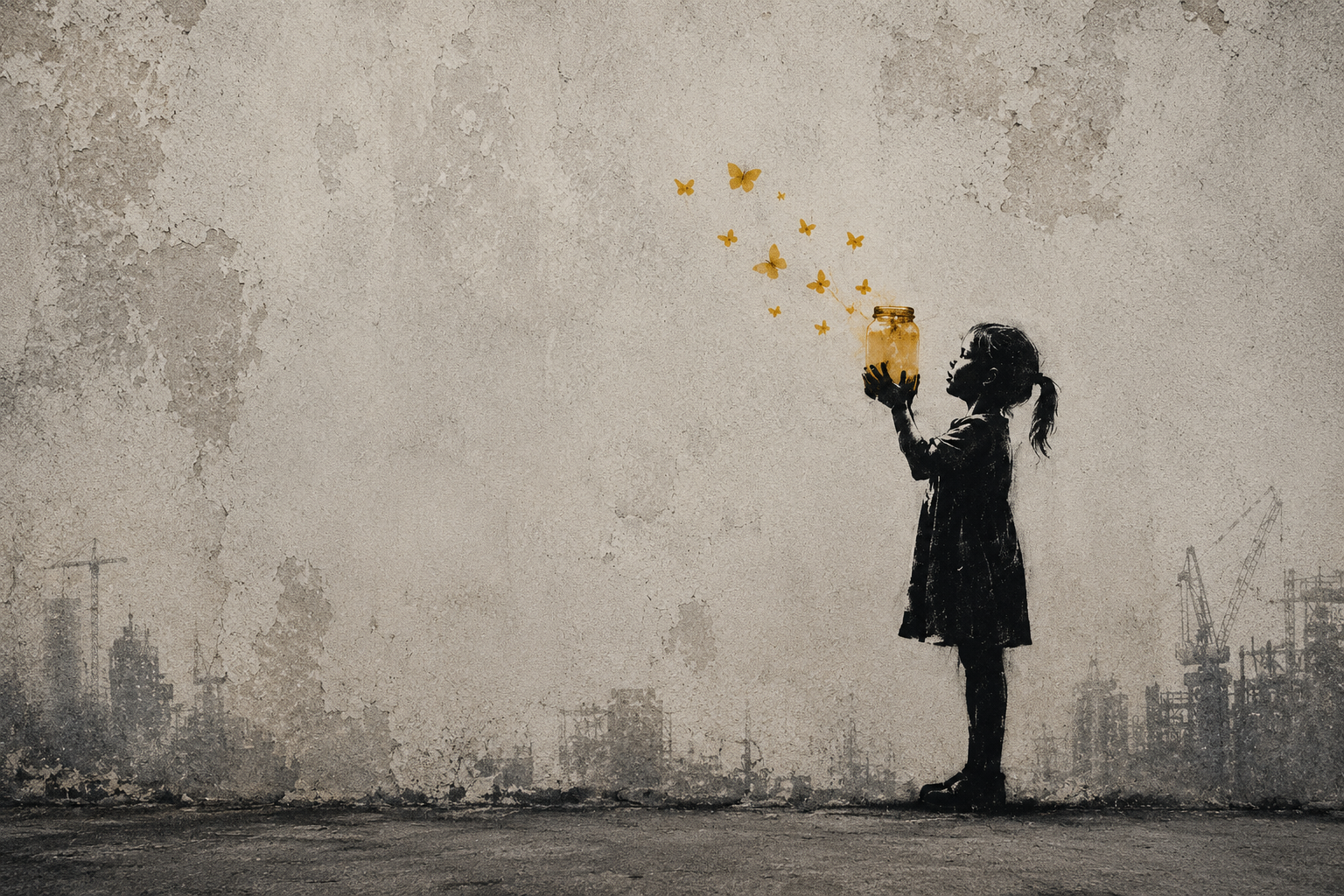 A child holding a jar of golden butterflies against a textured city wall.