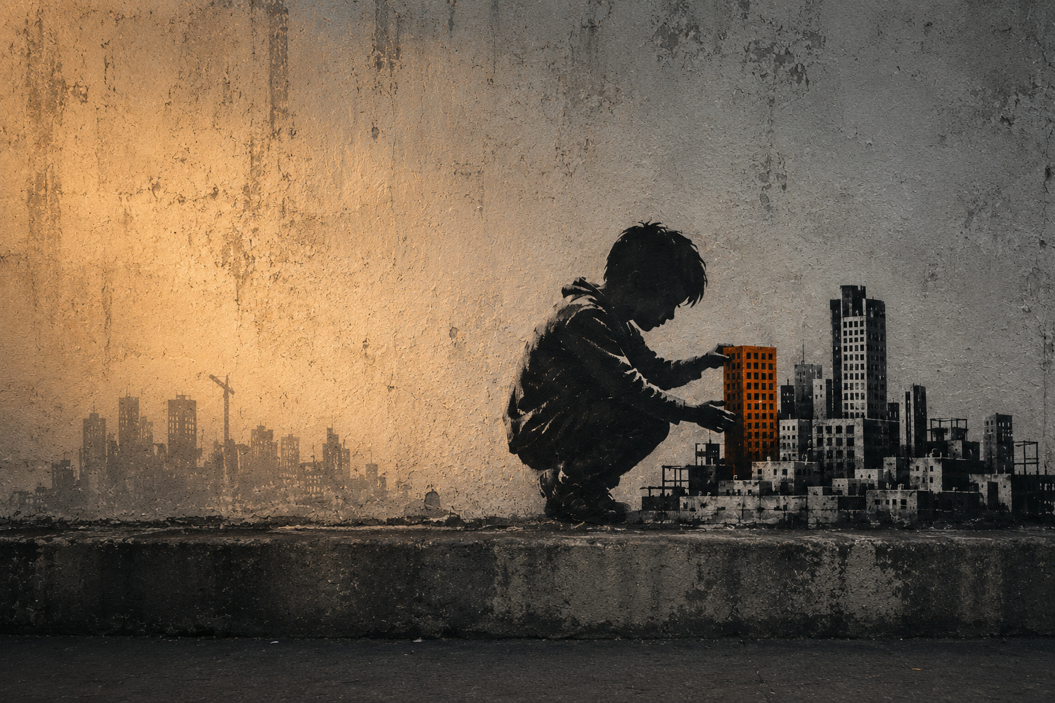 A child arranging miniature buildings against a textured city wall.