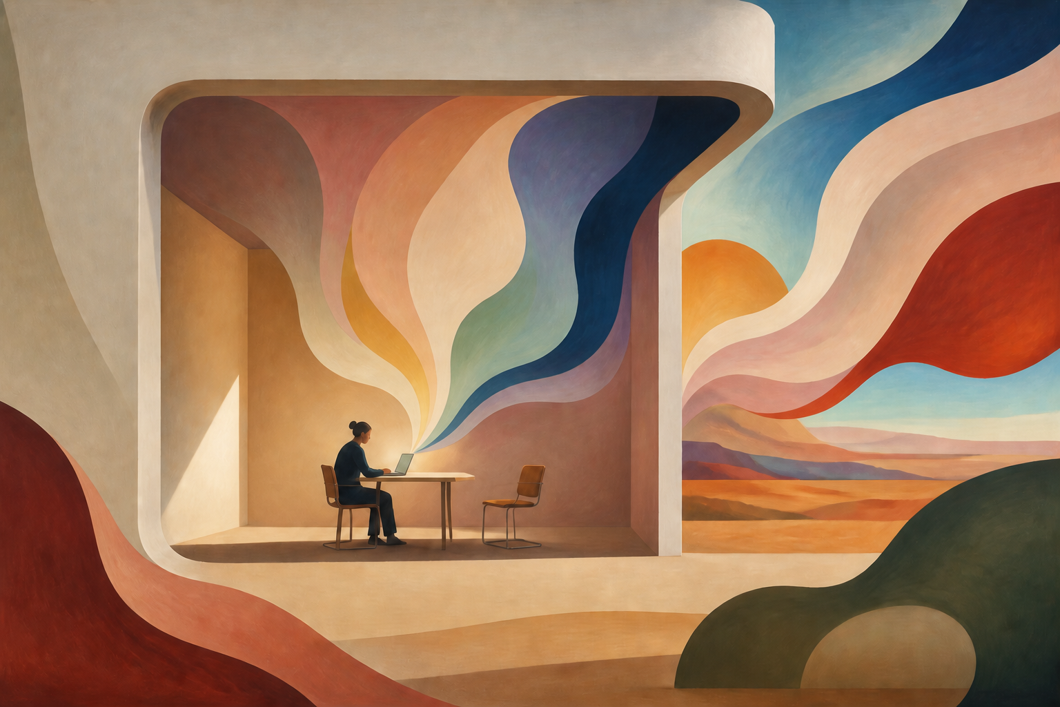 An abstract geometric office with concentric waves connecting solo voice work and human collaboration.